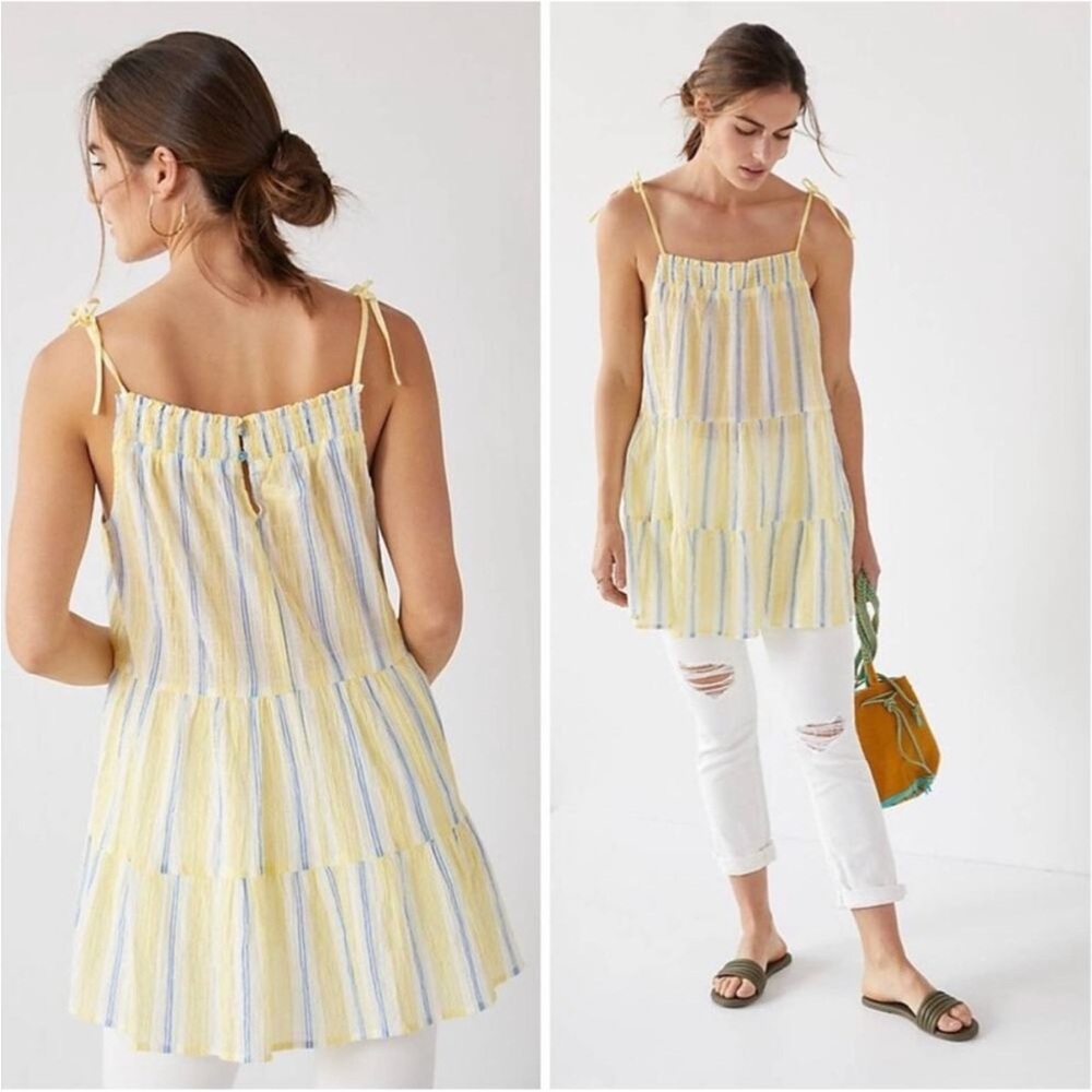Anthro Maeve Cotton Tunic Top Sleeveless Tiered Striped Tank Yellow S